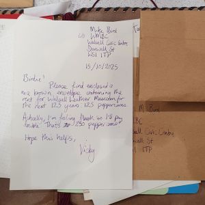 A handwritten letter to Mike Bird of Walsall Council pre-paying the rent on the WLM building for the next 125 years
